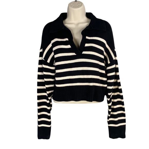 Olivaceous Sweaters - OLIVACEOUS Breton Striped Collared Cropped Sweater Women Medium Preppy Parisian